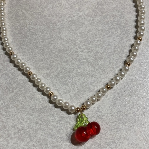 Elegant Pearl Necklace with Cherry Pendant - Picture 3 of 7